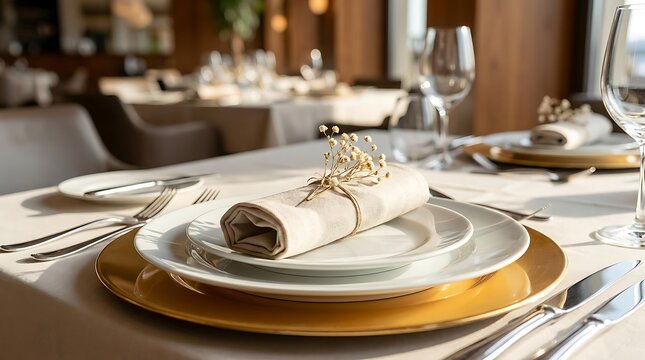 Elegantly appointed dining table in a sophisticated restaurant, featuring pristine white and gold plates, polished cutlery, and a linen napkin, awaiting a delightful culinary experience