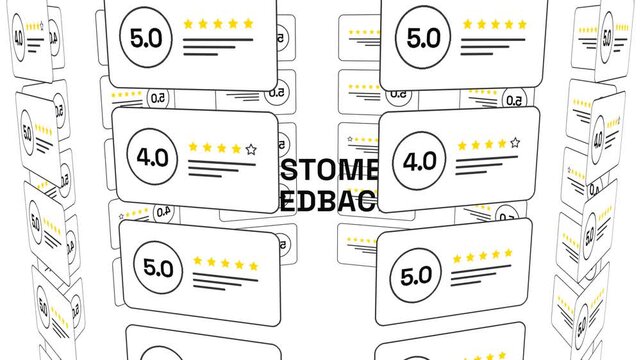 Customer feedback rating cards rotating in a cylindrical matrix carousel for business reputation and online marketing analysis