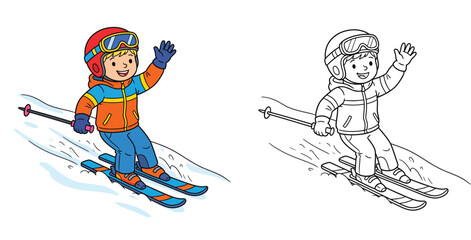 Fototapeta premium Cute Cartoon Boy Skiing and Waving on Snowy Hill