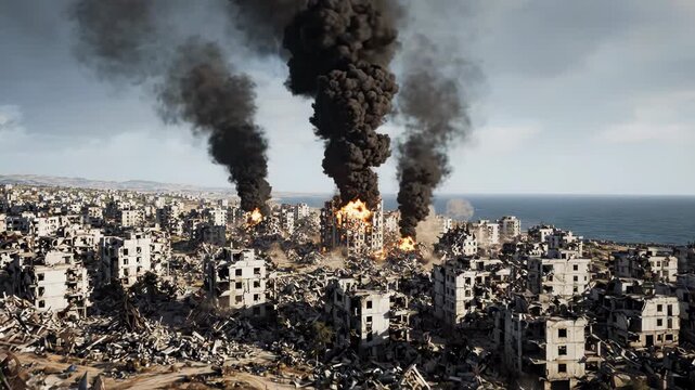 Devastated city landscape with ruins and smoke after war
