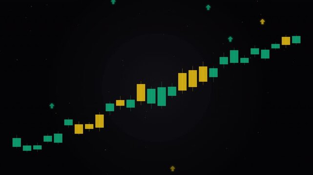 Dynamic motion of colorful candlestick chart representing stock market trends in a fast-paced financial video.