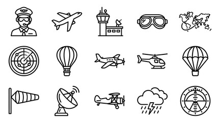 Minimalist Black and White Line Icons Set Featuring Aviation Air Traffic Control and Weather Symbols © anjay