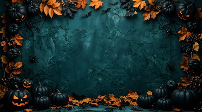 Spooky halloween background with black pumpkins cobwebs and autumn leaves festive october scene