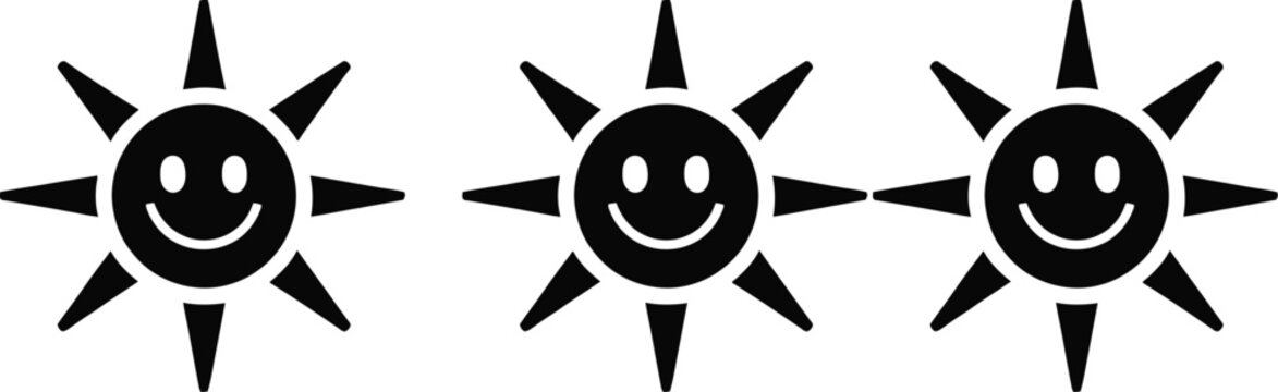 Three happy sun characters with smiling faces holding hands