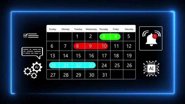 AI Business Calendar Planning Animation, Monthly Schedule with Notification Bell and task automation, time management, project planning, and productivity enhancement tools.