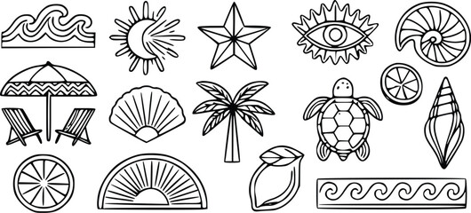 A collection of black and white summer vector illustration icons featuring tropical themes like beach umbrellas, sea shells, and turtles. © Arun