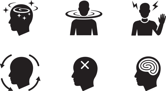 Health symptom icon collection in black silhouette style representing dizziness, head pain, mental fatigue and common wellness conditions for healthcare, medical education and symptom awareness 