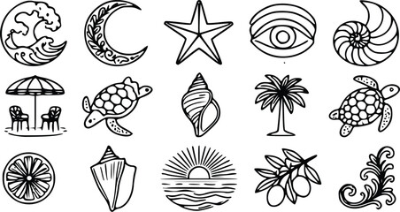 Detailed collection of black and white vector illustration icons featuring tropical summer elements like shells turtles palm trees and waves © Arun