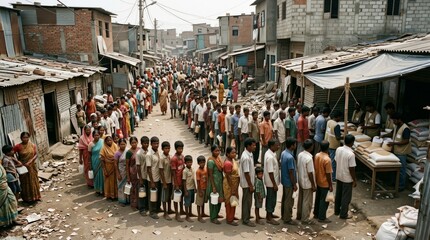 Obraz premium Long Queue of People in a Slum Area Awaiting Basic Supplies