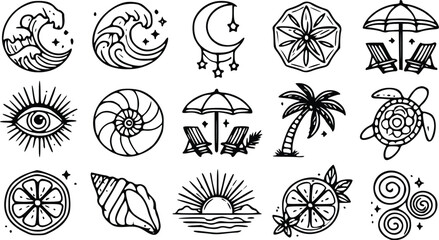 A collection of black and white vector illustration icons featuring summer vacation themes like ocean waves shells and palm trees © Arun