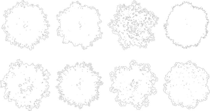Collection of eight distinct circular floral or leaf pattern designs in outline style on transparent background.