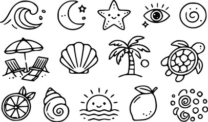 A collection of black and white vector illustration icons featuring summer vacation themes like ocean waves, turtles, and tropical palm trees. © Arun