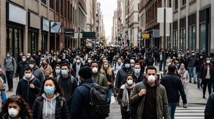Obraz premium Busy urban street filled with masked pedestrians during daytime walk