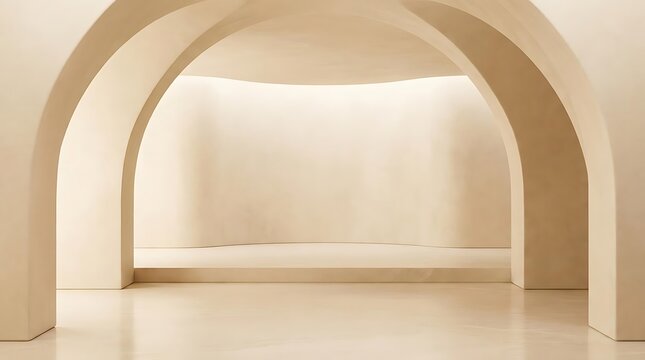 Minimalist architectural interior with arched doorways and soft lighting
