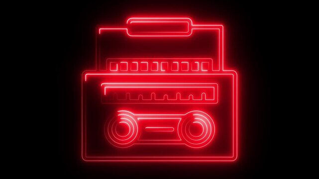 Neon cassette on reflective wet floor, lights up and goes out. Cassette animation. Loop. Retro tape recorder cassettes neon sign, light banner neon radio