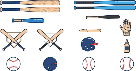 Baseball Equipment and Sports Gear Line Icon Set with Bats Helmets Gloves and Professional Game Accessories © MdSumon