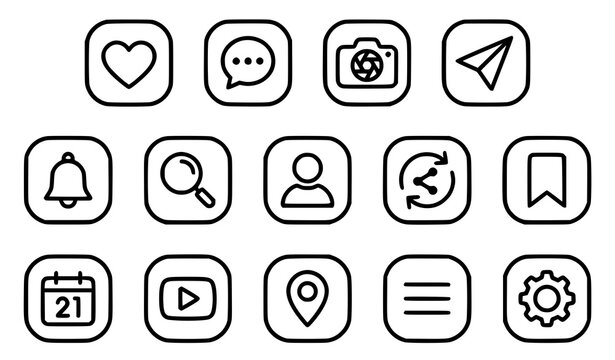 Social media line icons vector set with communication chat bubble heart and camera outline symbols in squircle frames for web app UI