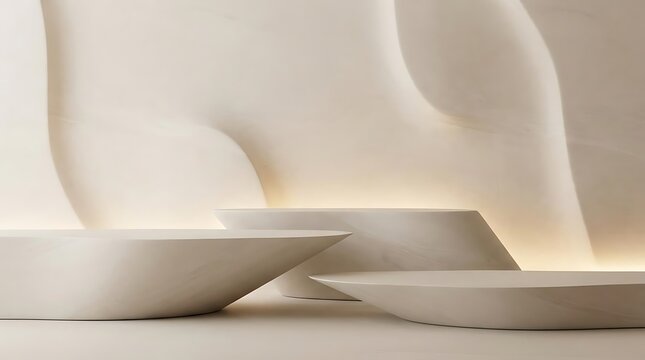 Minimalist display pedestals with soft ambient lighting and serene curves