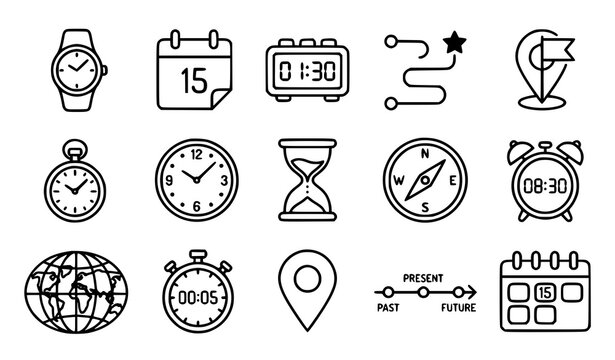 Time and location line icons set with calendar scheduling and map path outline symbols for minimalist website template UI