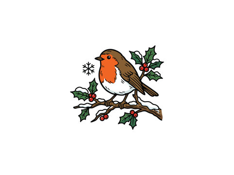 Robin Bird With Orange Breast Perched On Snowy Holly Branch With Berries And Snowflake, Winter Vector Illustration