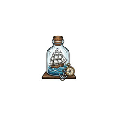Detailed Sailing Ship Enclosed In Glass Bottle With Cork Stopper, Anchor, And Compass On Wooden Platform For Nautical Decor Vector Illustration © bibit