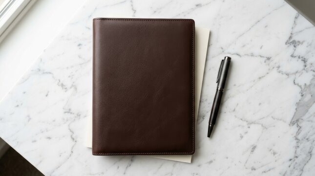 Business Notebook and Pen on Marble Desk