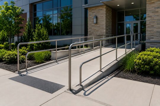 Accessible entrance ramp at modern office building with landscaping