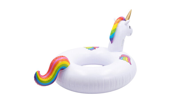 White inflatable unicorn ring float features a vibrant rainbow mane, golden horn, and colorful wings perfect for kids enjoying a day at the pool or beach.