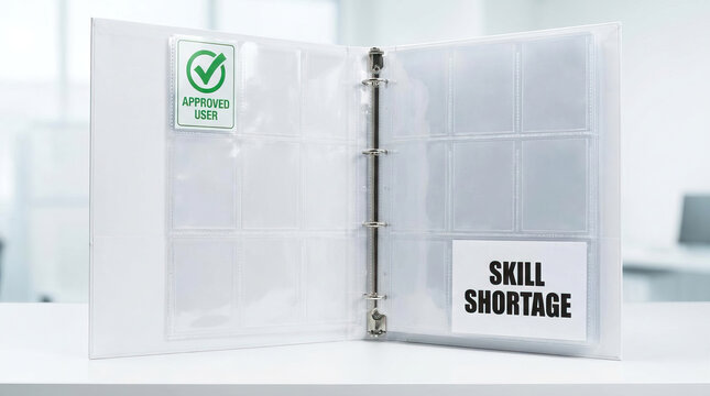 Binder transparent plastic folder open document office skill shortage approved user clear office binder with empty card holder pages and skill shortage text minimal business concept