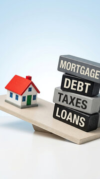 House mortgage debt tax loan balance scale wood block real estate property home model miniature tilt risk finance payment interest debt relief budget savings equity lending borrowing lender