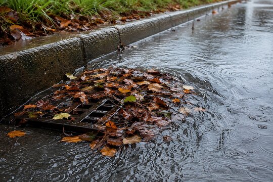 Clogged storm drain with autumn leaves during heavy rainfall