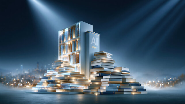 Ai agent business learning hub building of stacked books glowing with futuristic lights