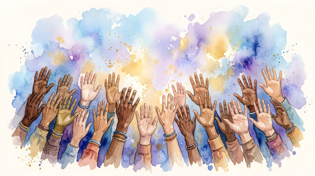 Diverse group of hands raised together in unity colorful watercolor illustration