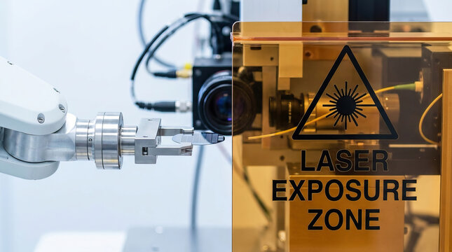 Robot arm laser exposure zone semiconductor automation factory machine industrial precision robotic arm equipment technology manufacturing clean room safety warning glass panel metal tool process