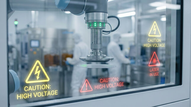 Robot arm semiconductor window factory automation industrial machinery high voltage caution laser use clean room manufacturing technology engineering metal precision equipment control safety glass