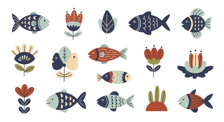 Collection of stylized fish and floral elements in a folk art style. © Welas