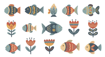 Collection of stylized fish and flowers in folk art style. © Welas