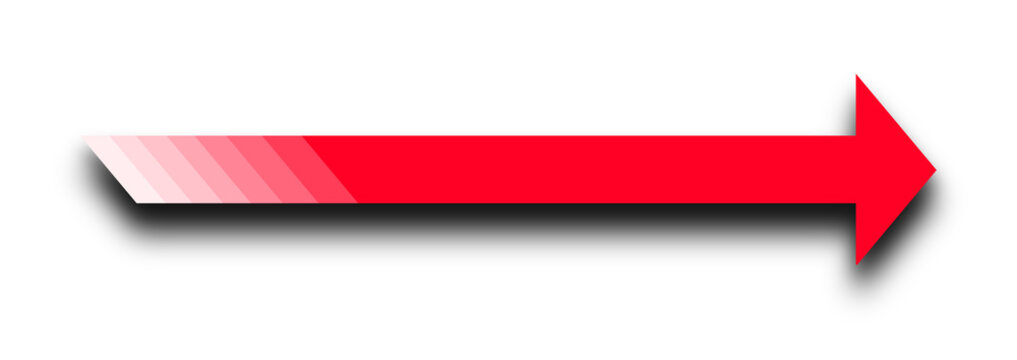 3D Roter langer Pfeil mit Farbverlauf aus diagonalen Streifen zeigt nach rechts on transparent png background.. 