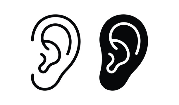Minimalist black and white vector illustration of human ear outline icons for hearing, sound, and audio design