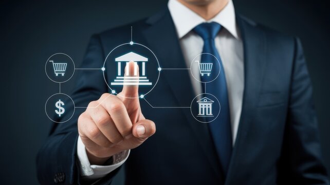 Businessman selecting digital bank icon on futuristic financial interface
