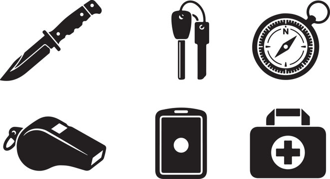 Black and white of a fountain pen, wristwatch, alarm clock, smartphone, and camera