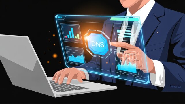Business professional analyzing blockchain technology on transparent digital screen with charts