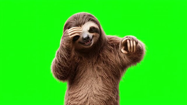 Realistic sloth pointing right doing facepalm gesture, frustrated mistake presentation concept isolated on chroma key green screen background. 3D.