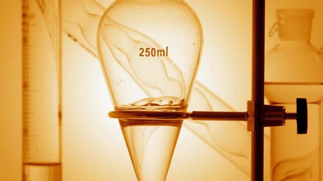 Chemical apparatus with ball absorber, graduated cylinder, bulb condenser, separatory funnel as colorless transparent liquid is injected creating waves inside on yellow ramp bg | Lactic acid solution