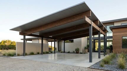 Naklejka premium Modern architectural carport with minimalist design. Broad flat roof, strong wooden beams, dark metal posts provide elegant outdoor shade for a contemporary home