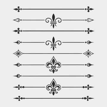 Vintage fleur de lis divider vector set featuring elegant decorative lines and royal heraldic symbols for sophisticated wedding invitations book chapters and classy ornamental graphic designs.