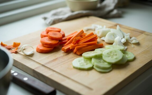 Freshly chopped carrots, cucumbers, and onions are neatly arranged on a wooden cutting board in a kitchen setting