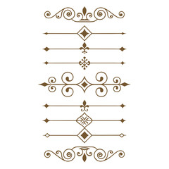 Golden ornamental line dividers with royal fleur de lis and diamond accents for luxury stationery and elegant book design vector collection of antique scroll flourishes for formal decoration. © Sobur
