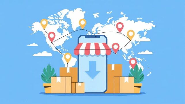 Global E-commerce Shop with World Map and Location Pins on Smartphone Screen