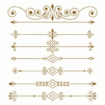 Gold filigree separator collection with ornate swirls and traditional border flourishes for decorative page layouts and luxury invitations vector antique line art elements for book decorations.